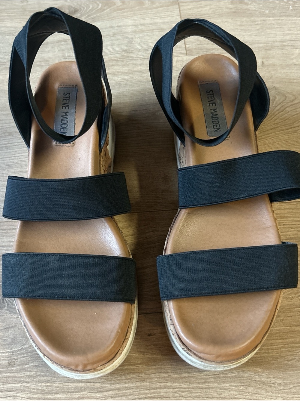 Steve‎ Madden Black Elastic Strap Platform Sandals with Tan Footbed